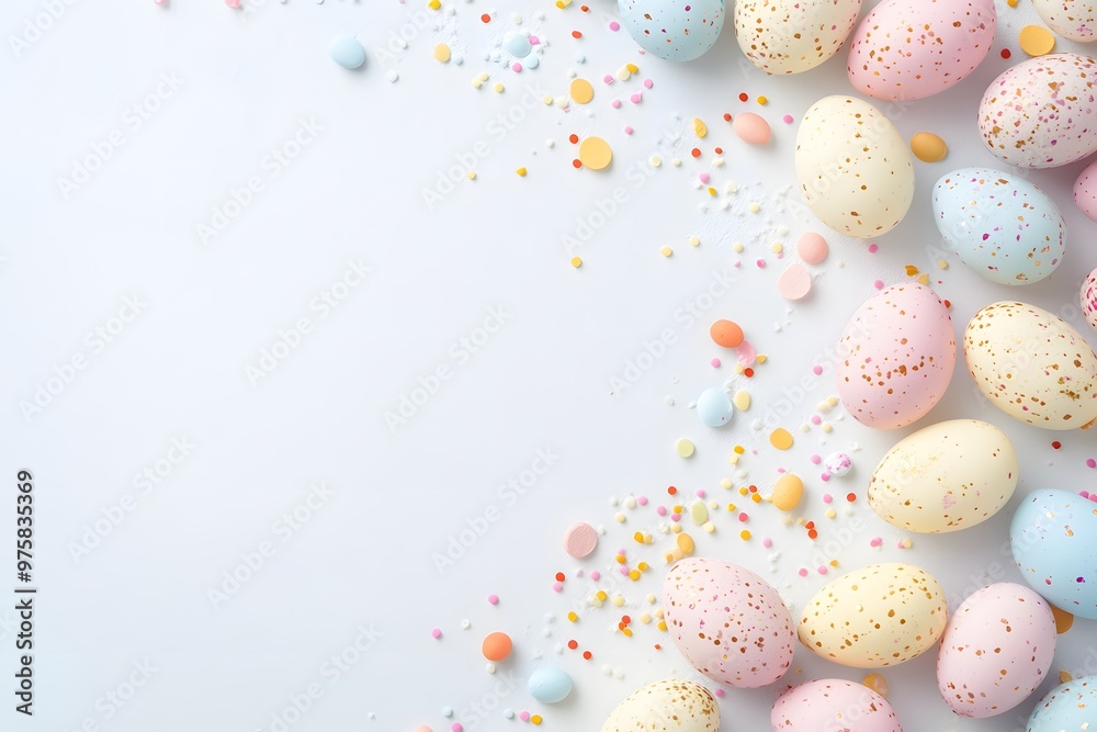 Easter Eggs with Confetti on White Background Easter Eggs with Confetti on White Background