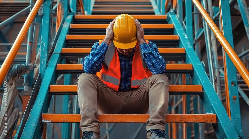 Worker sitting on stairs, wearing hard hat, feeling stressed.