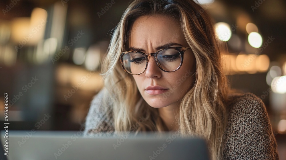 serious professional woman wearing glasses, looking at laptop screen, fully engaged in her business technology tasks in an office setting