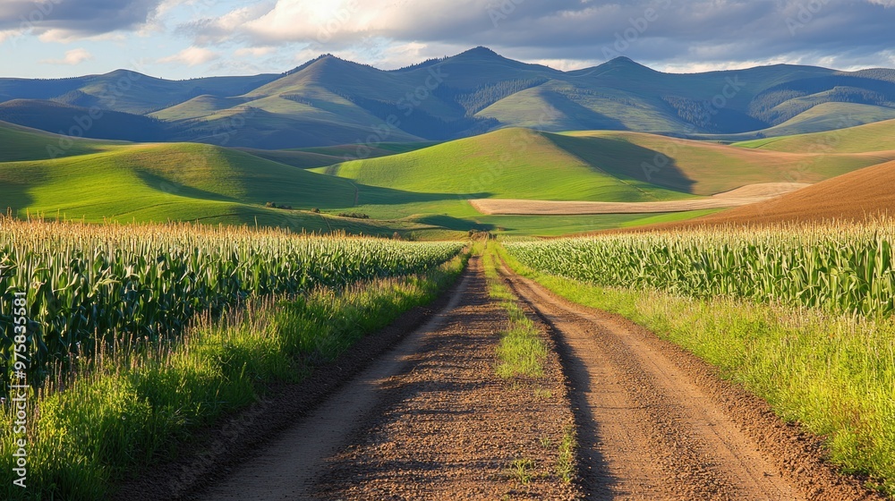 Naklejka premium A dirt road winds through a field of corn