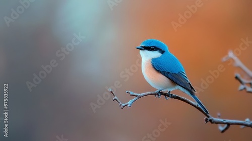  A small blue-and-white bird sits on a tree branch's twig against a blurred background