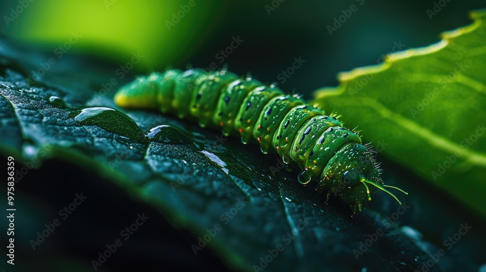 Fototapeta premium The vibrant green caterpillar crawls along the dark green, glossy leaf, highlighting the contrast between the caterpillar and its natural environment.