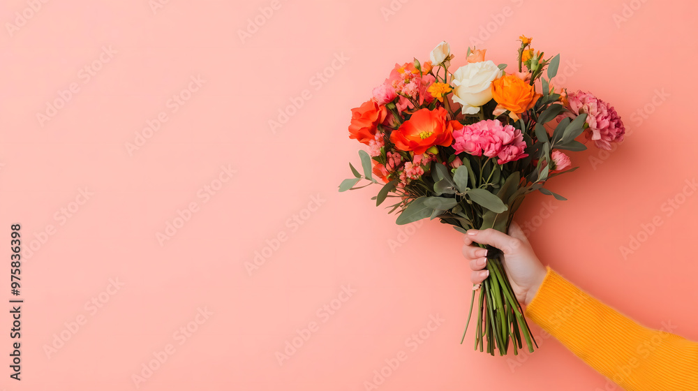 Fototapeta premium A hand holding a beautiful bouquet with pink background and copy space.