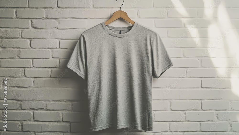 Gray t-shirt hanging on wooden hanger against white brick wall. Gray t-shirt hanging on wooden hanger against white brick wall.