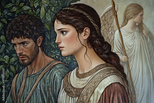 Adam and eve are being cast out of paradise by a winged angel holding a staff