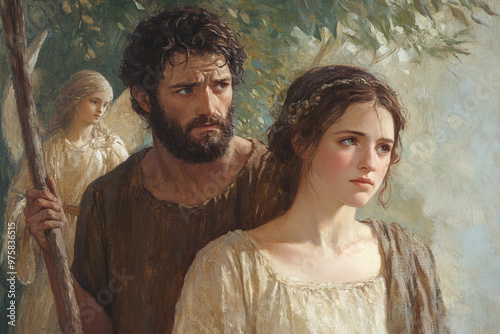 Adam and Eve are somber as they are being cast out of paradise by an angel holding a staff