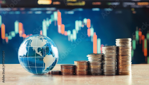 地球儀と積み重ねられたコインが前景にあり、背景には株式市場のチャートが表示されています。これは、世界経済やグローバルな投資、財政の成長を象徴するビジュアルです。チャートが示すように、経済の変動や投資の重要性が強調されています。generative AI