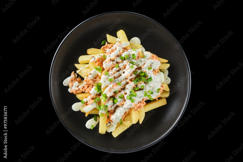 Savory fries topped with seasoned meat and creamy sauce, presented on a stylish black plate in a modern dining setting Savory fries topped with seasoned meat and creamy sauce, presented on a stylish black plate in a modern dining setting
