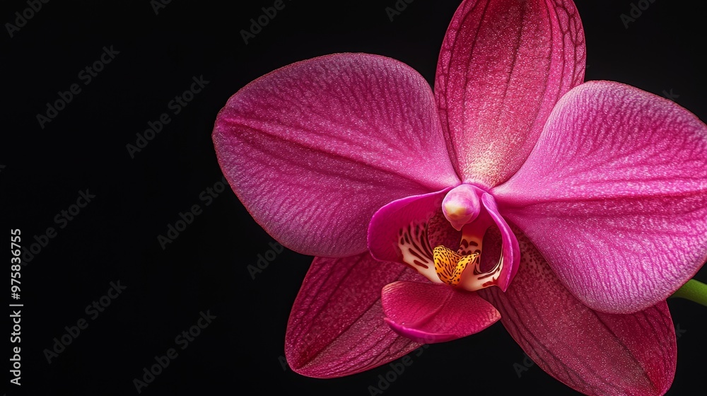 Fototapeta premium Close-up of a pink flower against a black backdrop, featuring a yellow stamen at its core