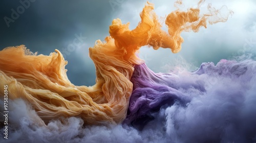  A multicolored dress floats in the air, emitting smoke from its hem photo