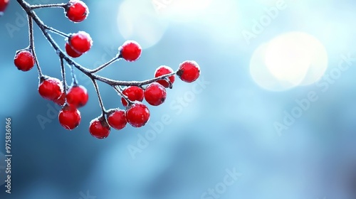  A tight shot of berry-laden tree branch against a backdrop of snow-kissed leaves and a clear, azure sky