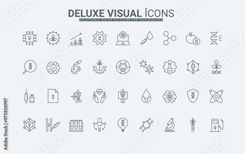 Search for mutations and cut DNA, heredity in human genome, cultured meat, lab microscope thin black outline symbols vector illustration. Genetic research and biotechnology line icon set.