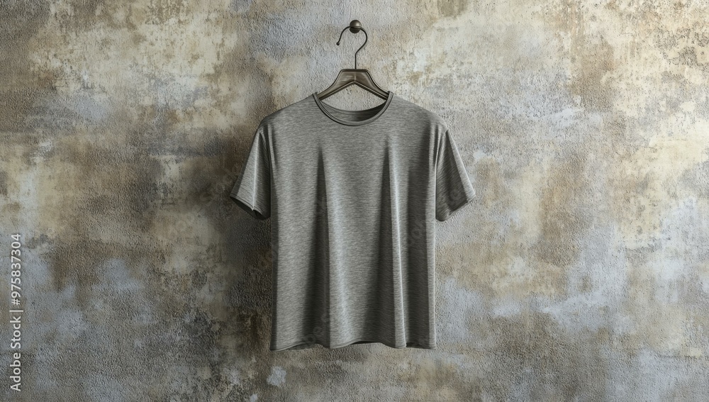 Grey t-shirt hanging on a hanger against a textured wall. Grey t-shirt hanging on a hanger against a textured wall.