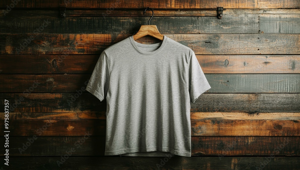 Gray t-shirt hanging on a wooden wall. Gray t-shirt hanging on a wooden wall.