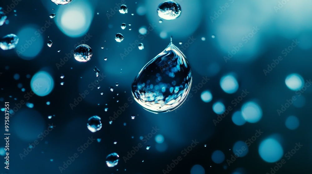 custom made wallpaper toronto digital A tight shot of a water droplet against a blue backdrop, featuring smaller drops nestled at its base