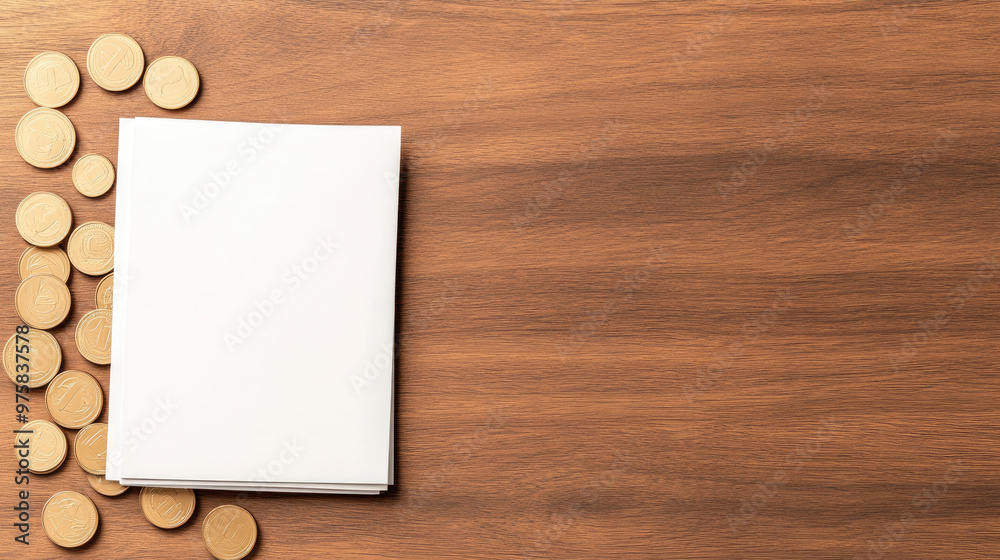 Blank notepad and shiny coins arranged artfully on a wooden surface, symbolizing finance, creativity, or a brainstorming session for business ideas. Blank notepad and shiny coins arranged artfully on a wooden surface, symbolizing finance, creativity, or a brainstorming session for business ideas.