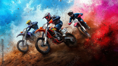 Three men are riding dirt bikes in a race. The bikes are orange and black. The riders are wearing helmets