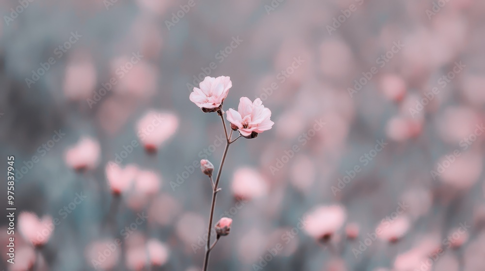 A tight shot of a pink flower atop its stem, surrounded by an indistinct backdrop of pink blooms A tight shot of a pink flower atop its stem, surrounded by an indistinct backdrop of pink blooms