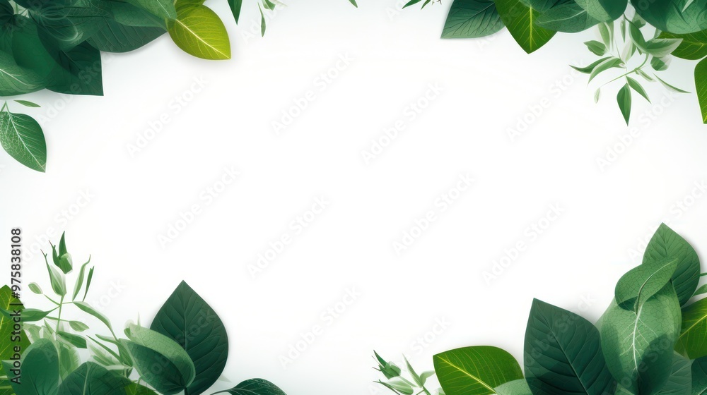 Fototapeta premium A dark, elegant background featuring green leaves that outline the borders of the frame, leaving a crisp white space in the middle.
