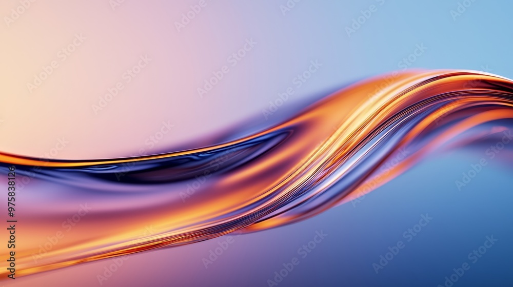 A tight shot of an orange and blue wave overlapping against a blue and pink backdrop, with a clear blue sky visible behind A tight shot of an orange and blue wave overlapping against a blue and pink backdrop, with a clear blue sky visible behind