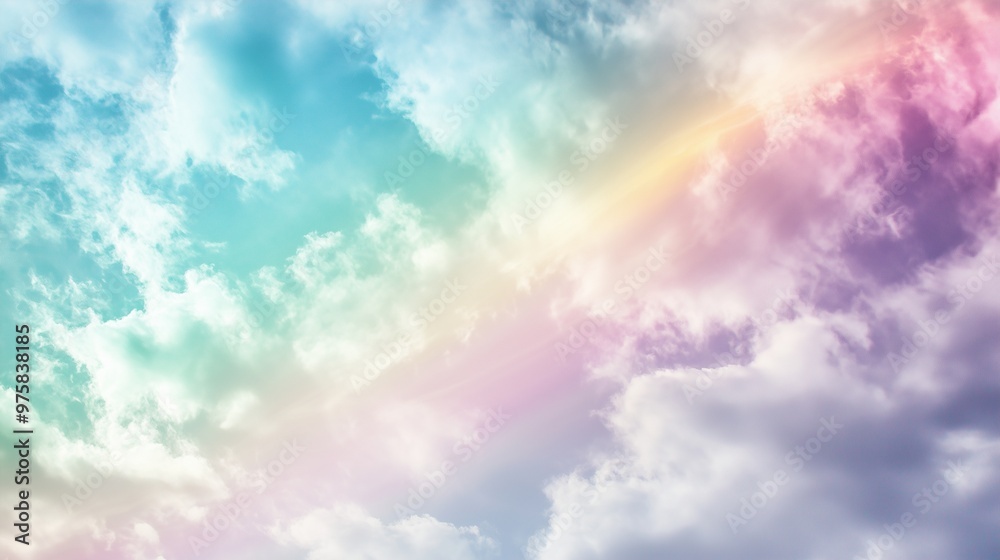 A serene, pastel-colored sky with gentle shades of blue and A rainbow of vibrant colors curves across the sky, its ethereal glow creating an abstract, otherworldly atmosphere. A serene, pastel-colored sky with gentle shades of blue and A rainbow of vibrant colors curves across the sky, its ethereal glow creating an abstract, otherworldly atmosphere.