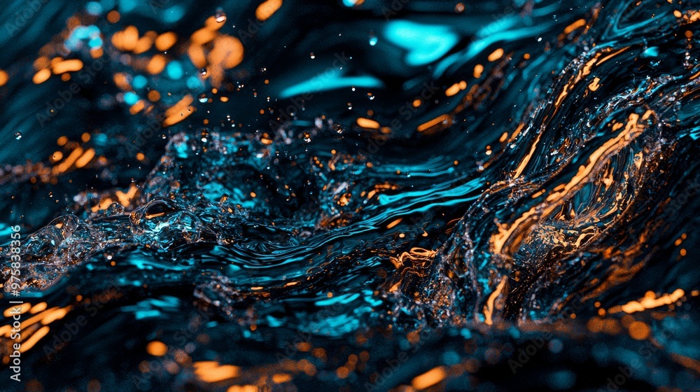 A tight shot of a blue-orange liquid, with minute bubbles rising at its surface and that of the ensuing wave A tight shot of a blue-orange liquid, with minute bubbles rising at its surface and that of the ensuing wave