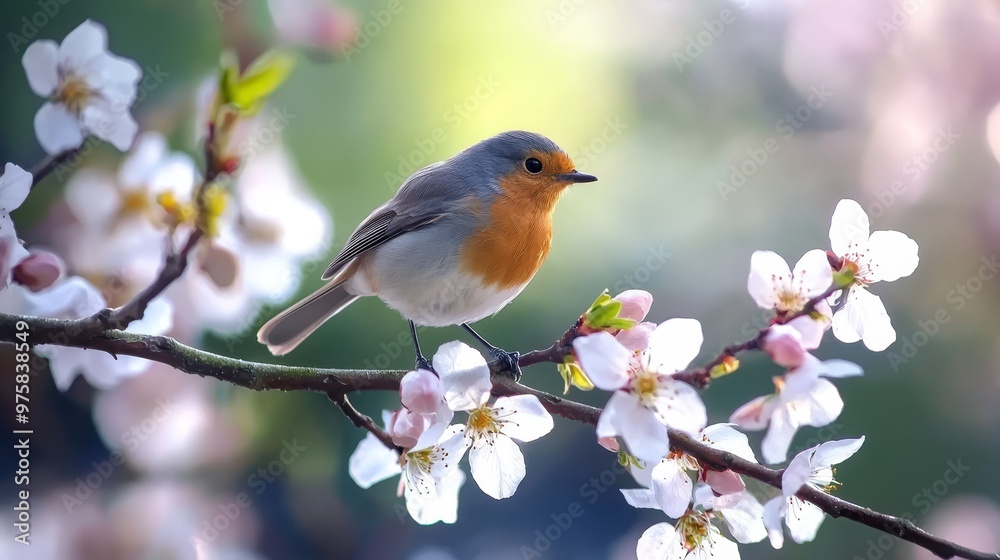 A small bird sits on a tree branch, surrounded by white and pink flowers in the foreground The background is softly blurred A small bird sits on a tree branch, surrounded by white and pink flowers in the foreground The background is softly blurred