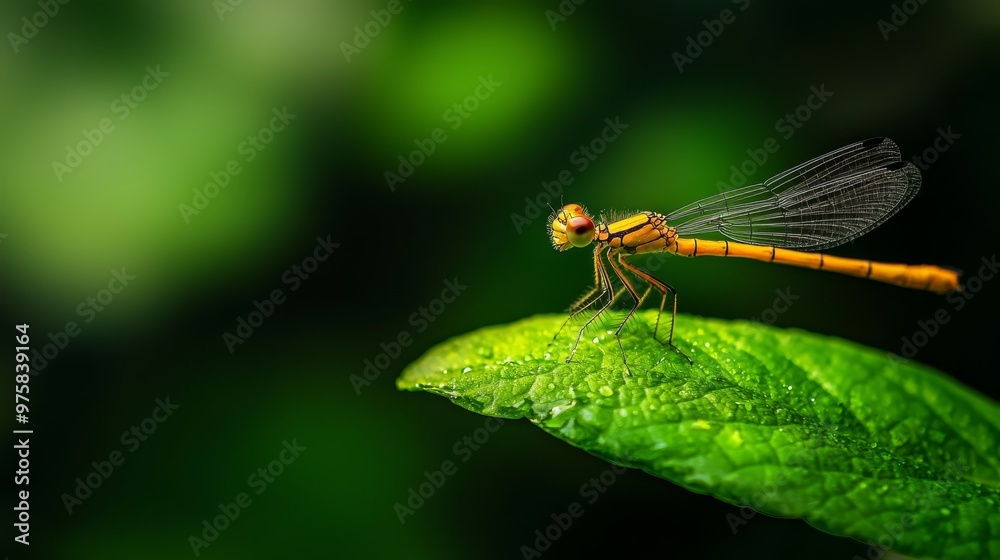 A tight shot of a dragonfly perched on a verdant leaf, adorned with water droplets on its transparent wings A tight shot of a dragonfly perched on a verdant leaf, adorned with water droplets on its transparent wings
