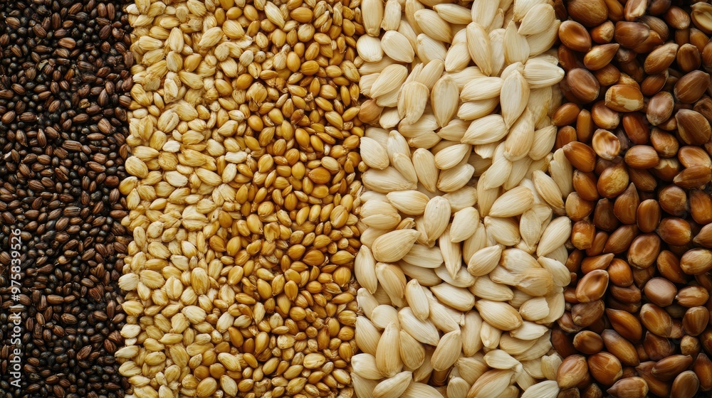Obraz premium A variety of different colored and sized seeds are shown in a row