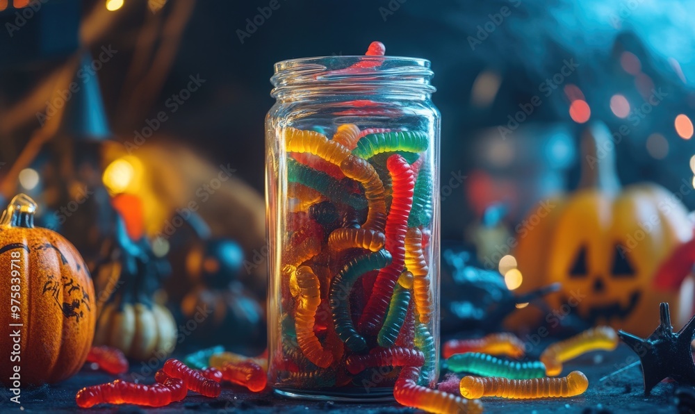 A glass jar filled with Halloween-themed gummy worms, surrounded by spooky Halloween decorations A glass jar filled with Halloween-themed gummy worms, surrounded by spooky Halloween decorations