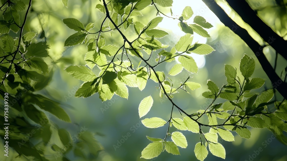 A tree branch with leaves in front and sun rays filtering through them in the background A tree branch with leaves in front and sun rays filtering through them in the background