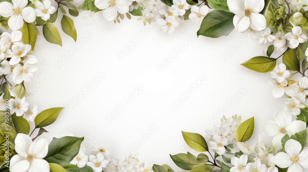 Fototapeta premium An array of lush spring leaves with a soft blue area in the middle, creating a calming backdrop perfect for inspirational text