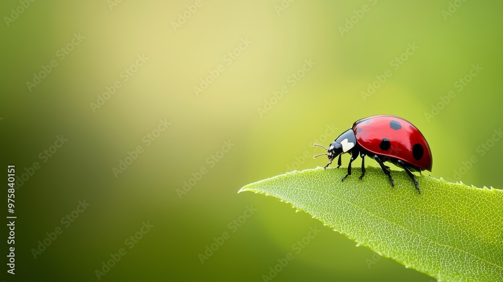 A ladybug on a green leaf against a blurred backdrop of greenery A ladybug on a green leaf against a blurred backdrop of greenery