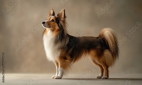 A Shetland Sheepdog standing alert in a studio with a gradient background