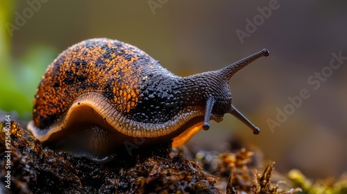  A tight shot of a snail atop mossy terrain with a softly blurred backdrop