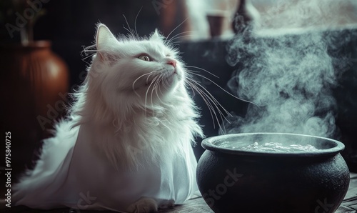 A white cat with long whiskers in a ghost costume, sitting next to a bubbling cauldron photo