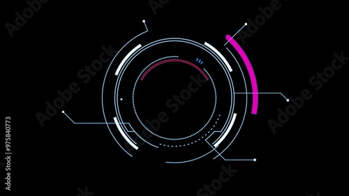 Dynamic motion graphics of circular hud elements creating a futuristic technology interface display. Futuristic technology background with spinning circle hud elements and digital motion graphics