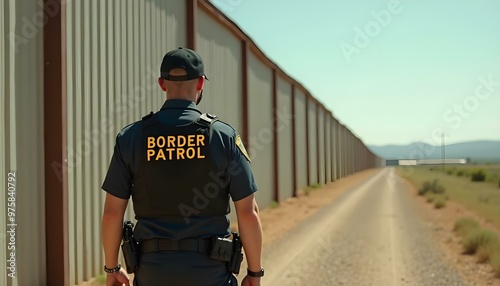 A border patrol officer walking along a corrugated wall border photo
