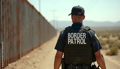 A border patrol officer walking along a corrugated wall border