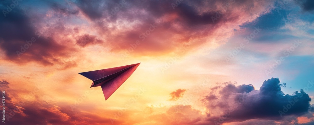 Paper airplane flying at sunset with dramatic sky Paper airplane flying at sunset with dramatic sky