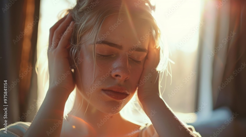 A woman struggles with stress, holding her head in a sunlit room, seeking peace from overwhelming feelings and noise around her. A woman struggles with stress, holding her head in a sunlit room, seeking peace from overwhelming feelings and noise around her.