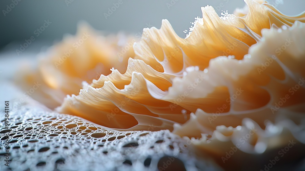 A tight shot of an orange and white bloom atop a lace doily, adorned with water beads on petal tips A tight shot of an orange and white bloom atop a lace doily, adorned with water beads on petal tips