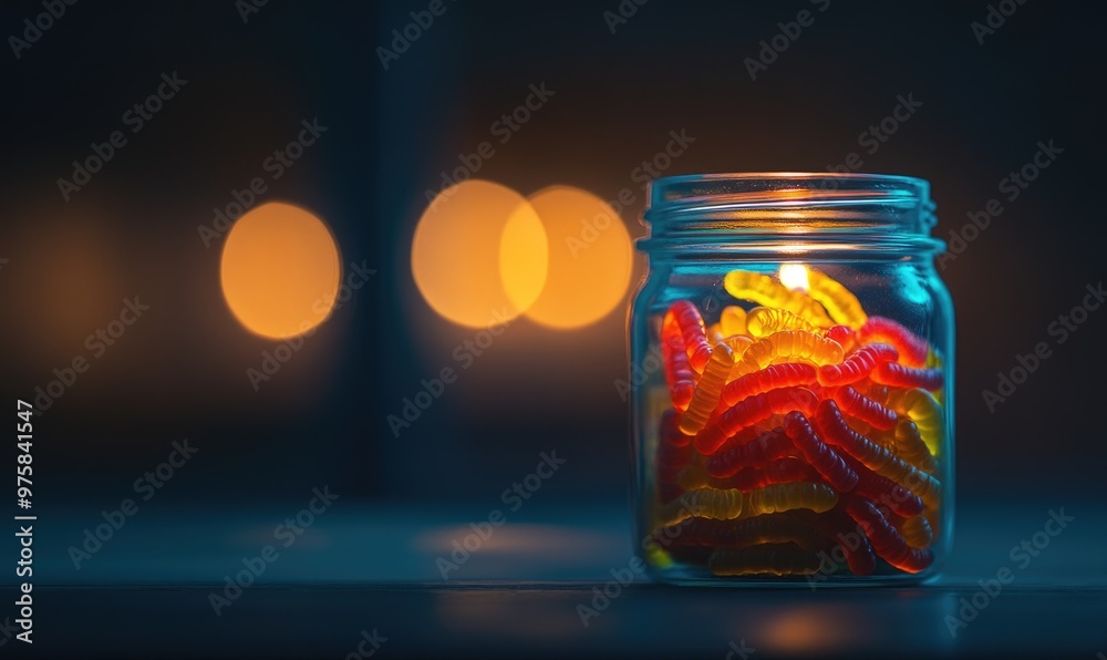 Clear glass jar filled with Halloween gummy worms Clear glass jar filled with Halloween gummy worms