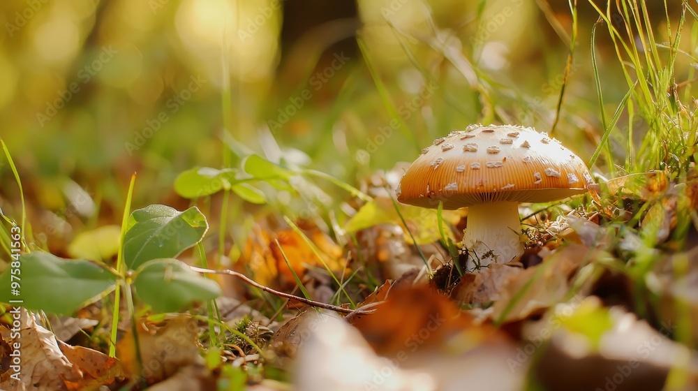 A tight shot of a mushroom nestled among grass and leaves, with a softly blurred background A tight shot of a mushroom nestled among grass and leaves, with a softly blurred background