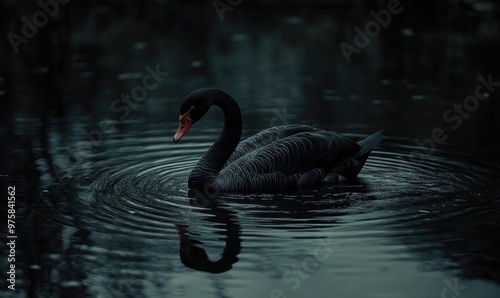 Fototapeta Naklejka Na Ścianę i Meble -  Close-up of a black swan drifting on a quiet lake