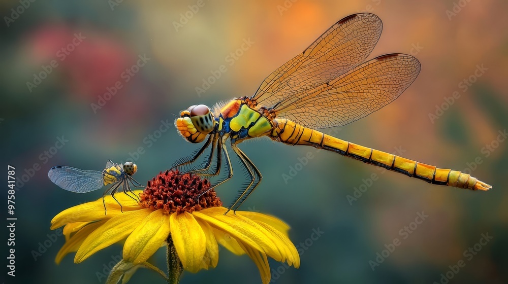  A dragonfly perches on a yellow flower; another rests nearby atop a identical yellow bloom