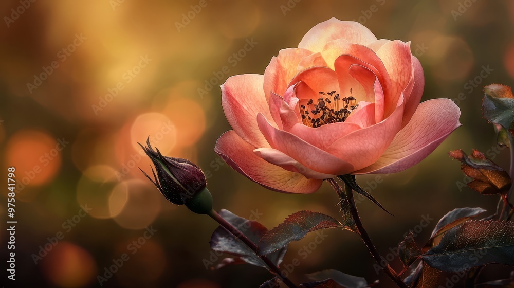 Obraz premium A close-up of a pink blossom on a branch against a softly blurred background of bokeh'd light