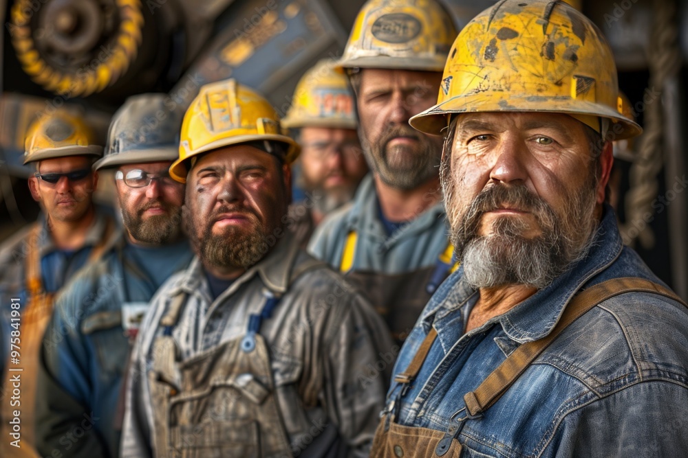 Four industrial workers in helmets, standing in a factory with machinery, displaying determination and teamwork. Four industrial workers in helmets, standing in a factory with machinery, displaying determination and teamwork.