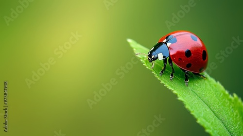  A ladybug atop a verdant leaf against a dual-toned green backdrop, softly blurred behind