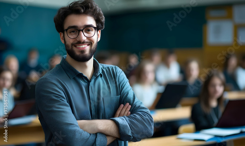 Happy male student teacher smiling laughing holding using digital tablet computer